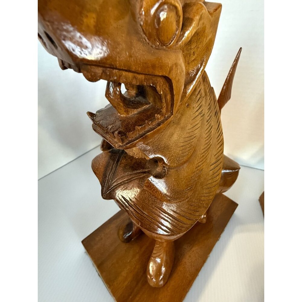 Hand-Carved Wooden Foo Dog Guardian Lion Shisa Statues Vintage - Picture 7 of 16